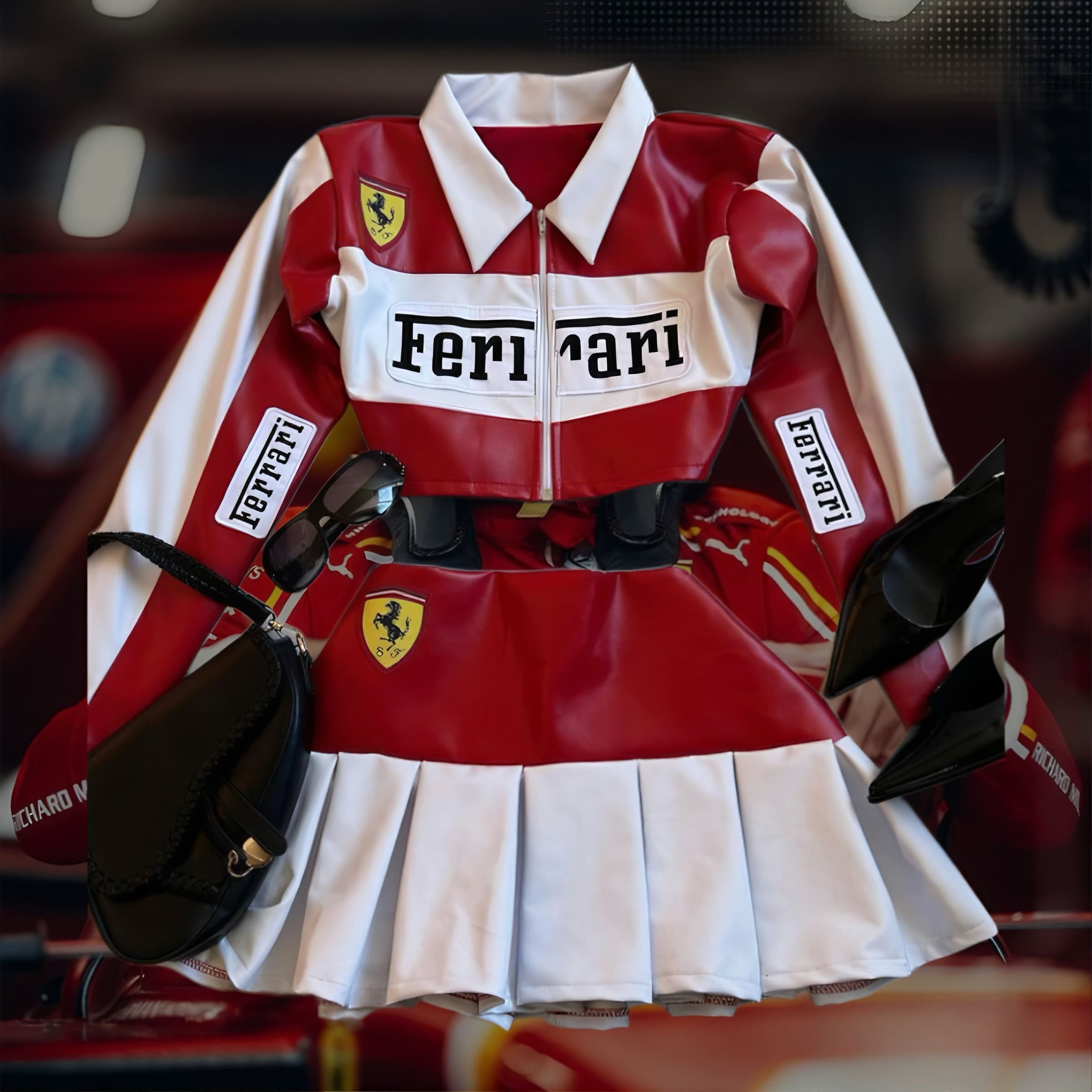 Conjunto Jaqueta e Saia FERRARI F1 Vintage Couro