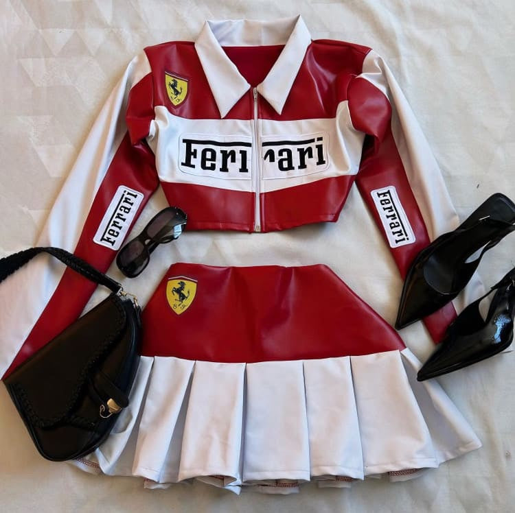 Conjunto Jaqueta e Saia FERRARI F1 Vintage Couro